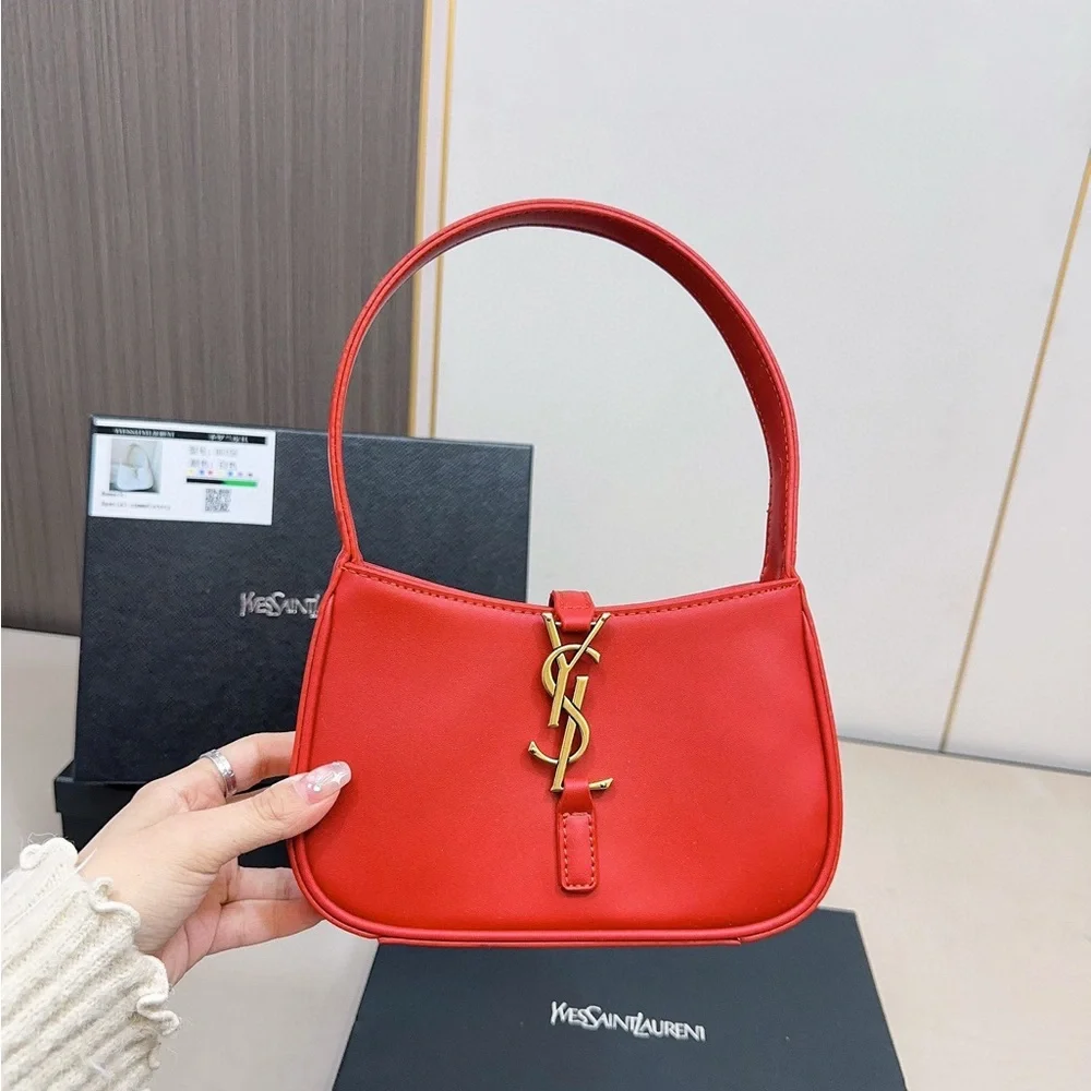 Yves Saint Laurent Red Shoulder Bag with Gold Accents